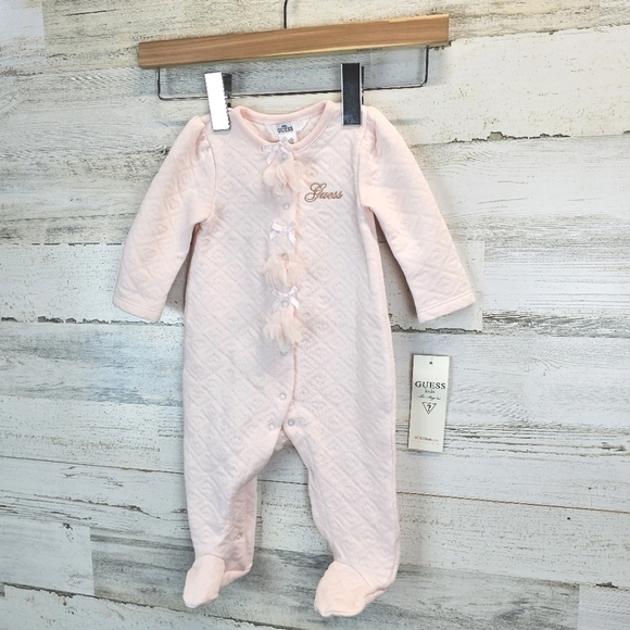 NWT Baby Guess Pink Quilted Snap Onesie Size 6-9M Chiffon Bows Coquette - Picture 2 of 12